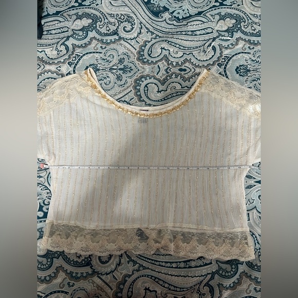 Free People Vintage Ivory Short Sleeve Beaded Wide Neck Blouse (Size S) - Picture 10 of 12